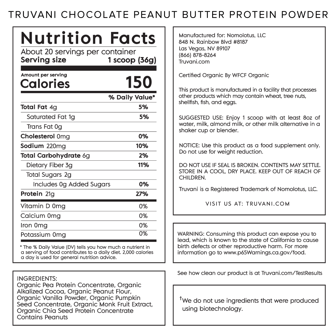 Truvani Chocolate Peanut Butter Plant Based Protein Nutrition Facts