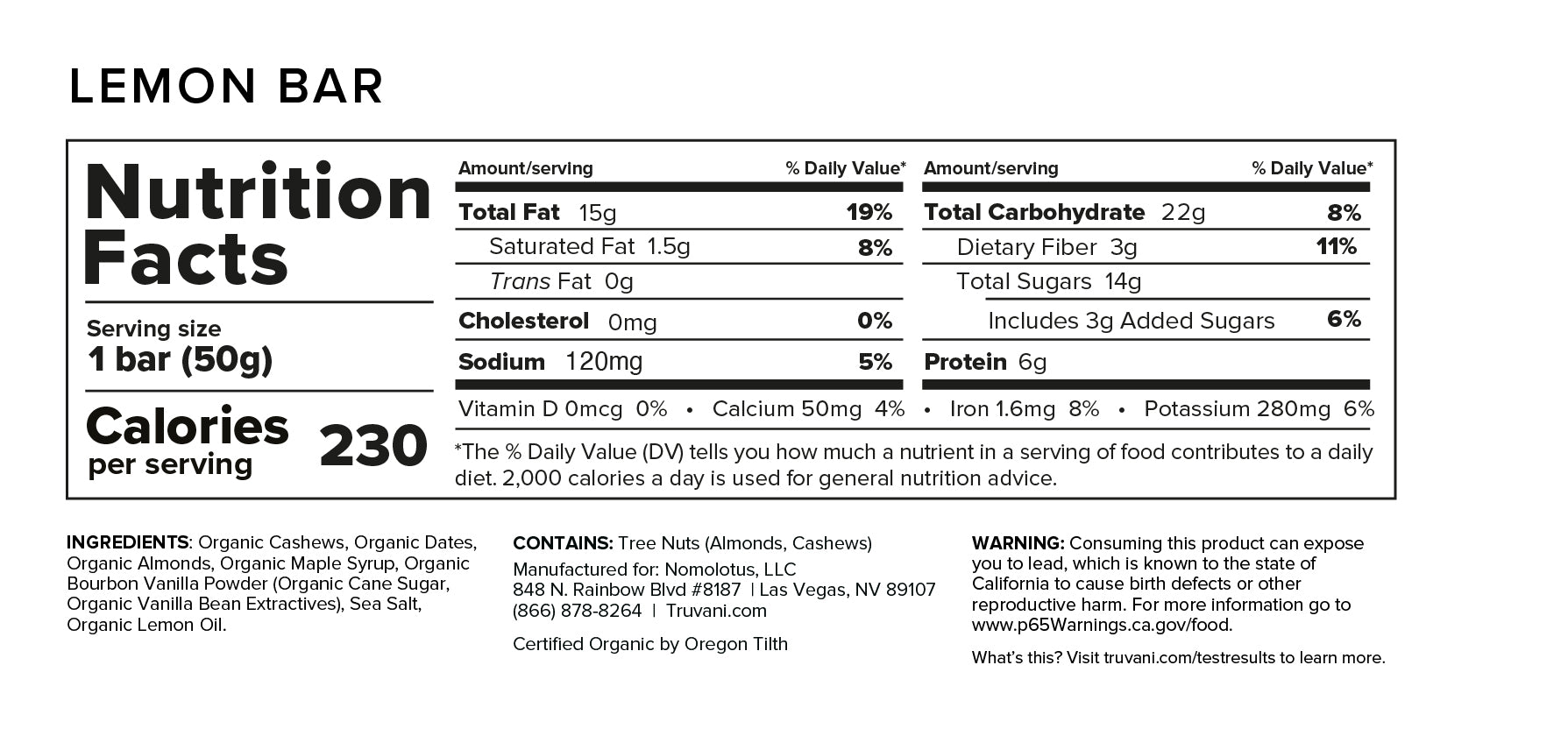 Nutrition Facts for Lemon Bar