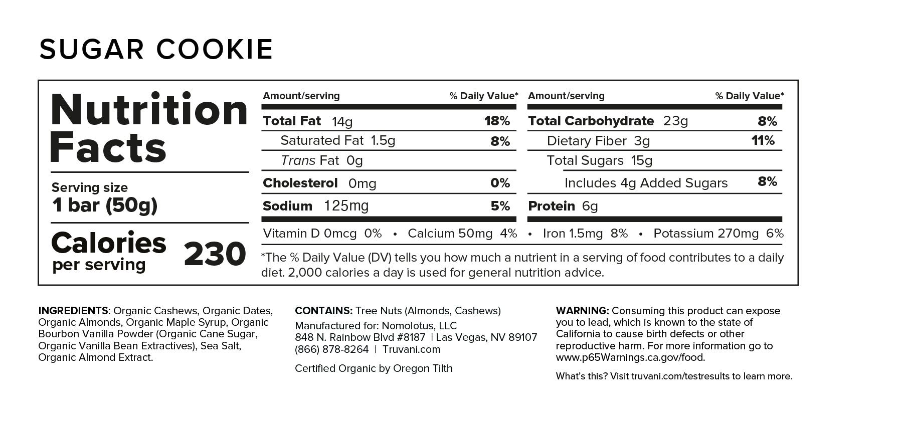 Nutrition Facts for Sugar Cookie