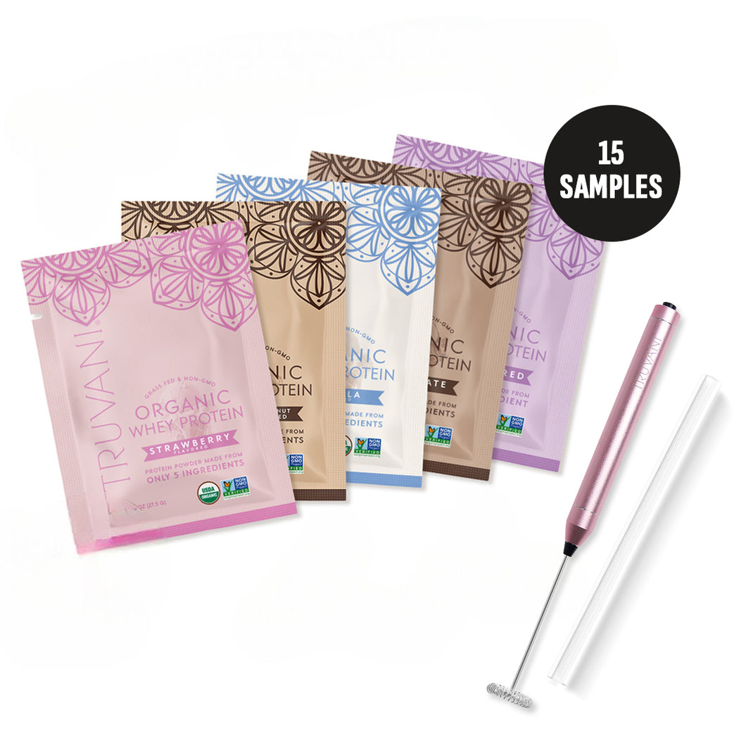Whey Protein Sample Pack (15 samples) + FREE Pink Frother & FREE Glass Straw