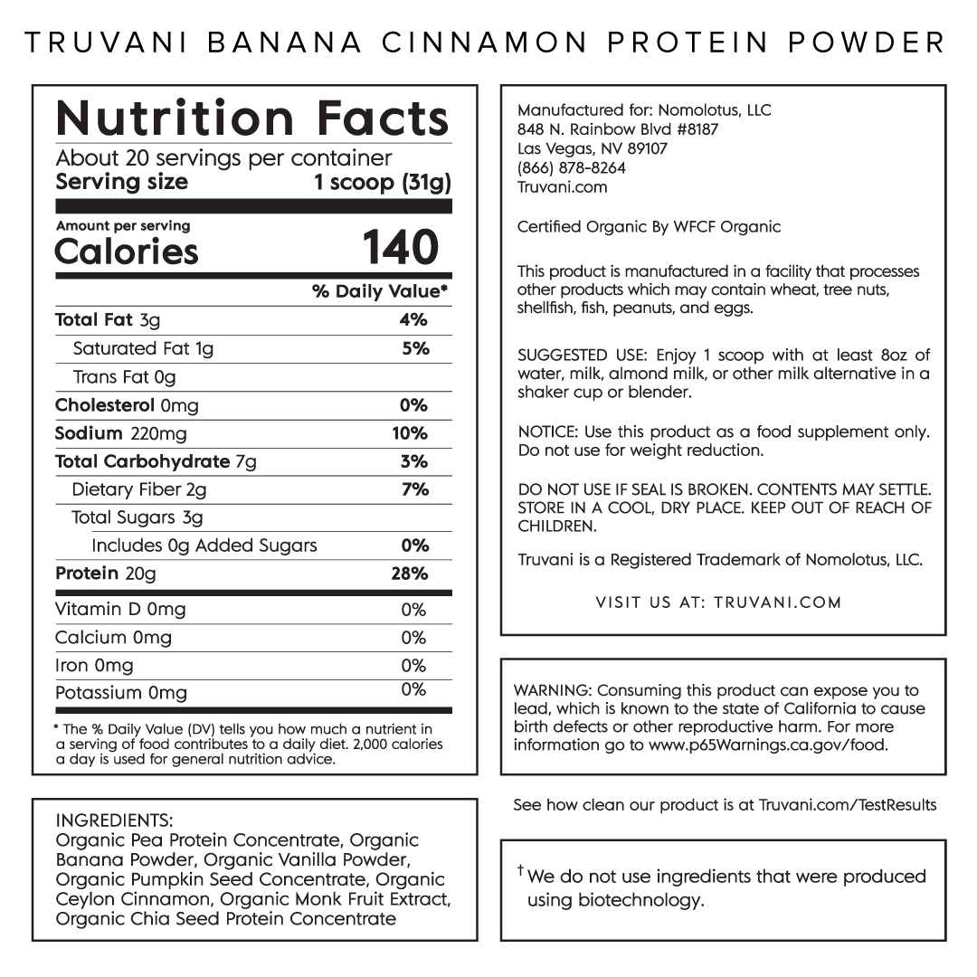 Truvani Banana Cinnamon Plant Based Protein Nutrition Facts