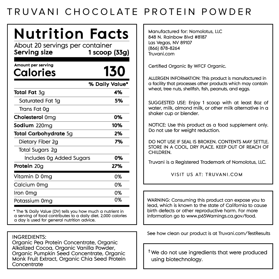 Truvani Chocolate Plant Based Protein Nutrition Facts