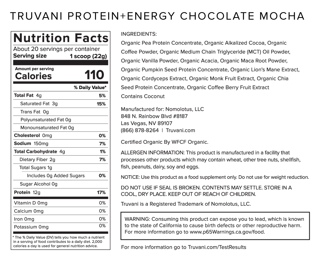Truvani Chocolate Mocha Protein + Energy Nutrition Facts